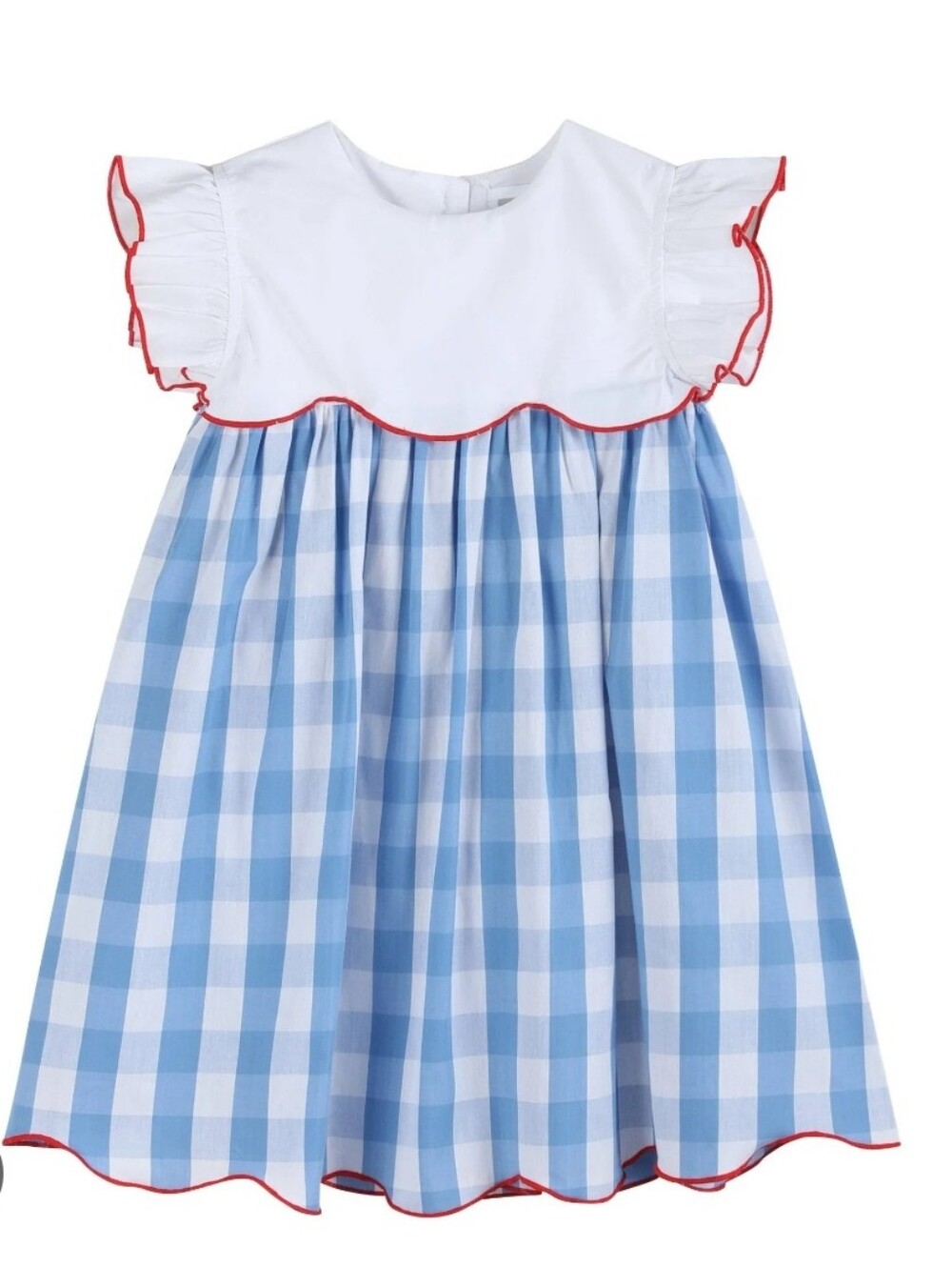 Cactus Blue and White Gingham Flutter Dress with Red Trim